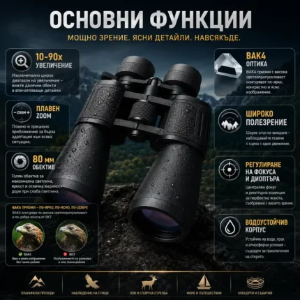 Професионален мощен ловен бинокъл Bushnell 10-90×80 за много далчни разстояния птици животни-2