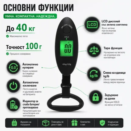 Компактен електронен ръчен кантар за самолетен багаж риболов куфари храна до 40кг-2