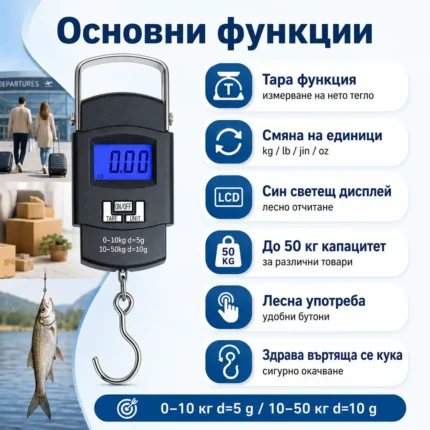 Електронен ръчен кантар за самолетен багаж храна риболов кухненски до 50кг-2