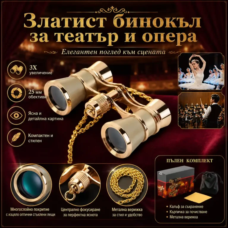 Луксозен бинокъл за опера 3x25 златист с верижка