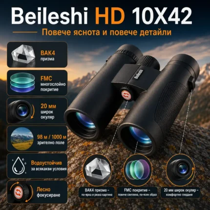 Ловен бинокъл 10×42 Beileshi HD с BAK-4 призма за птици и природа