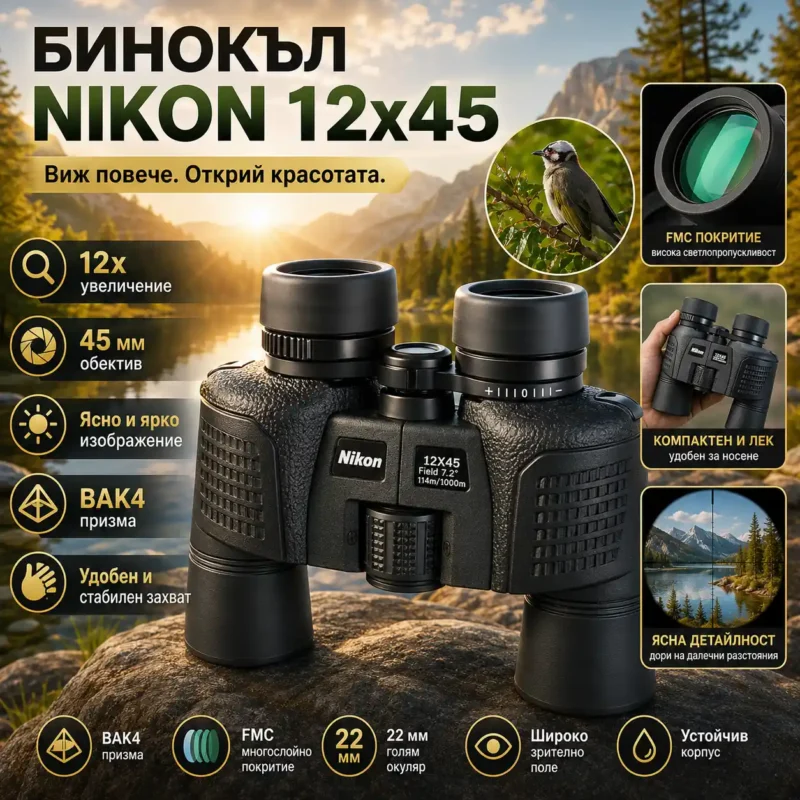 Бинокъл 12×45 NIKON за лов птици природа и туризъм