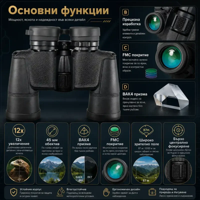 Мощен ловен бинокъл NIKON 12×45 за лов туризъм наблюдение на птици животни природа професионален-2