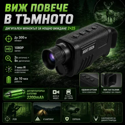 Монокъл за нощно виждане 2×25 с IR обхват до 300 м