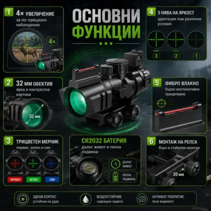 Оптика 4x32 мерник с фибро влакно тактически бързомер прицел за пушка еърсофт лов-2
