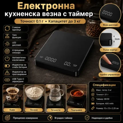 Кухненска везна с таймер 0,1 г до 3 кг за кафе и храна