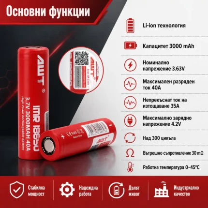 Професионална литиева батерия 18650 3000mAh 40A 3.7V AWT-2