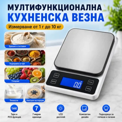 Електронна кухненска везна до 10 кг с LCD дисплей и тара