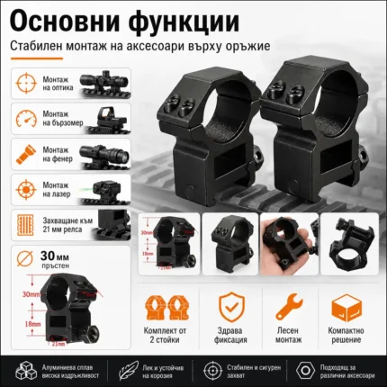 Комплект от две стойки R10 за монтаж на оптика фенер бързомер прицел върху оръжие-2