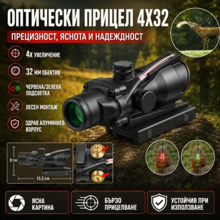 Оптичен прицел 4x32 с подсветка червена и зелена