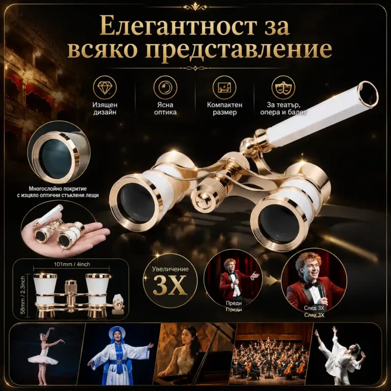 Бял театрален бинокъл с дръжка 3×25 за театър опера концерти подарък увеличение 3X луксозен-2