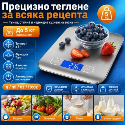 Кухненска везна от неръждаема стомана до 5 кг с тара