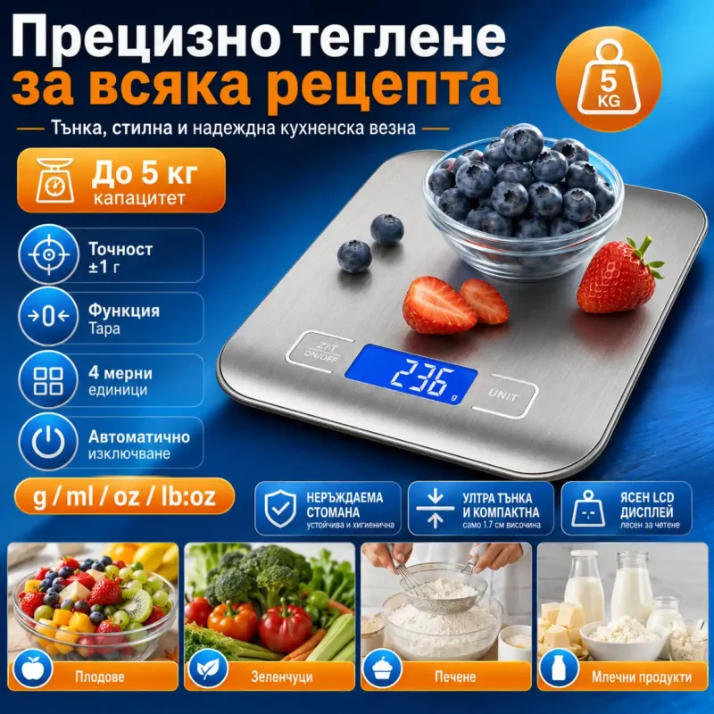 Кухненска везна от неръждаема стомана до 5 кг с тара