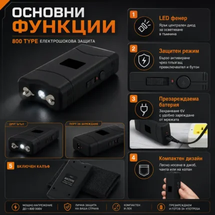 Джобен акумулаторен електрошк с LED фенер кучегон за самозащита самоотбрана от нападение дамски-2