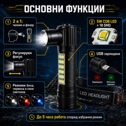 Акумулаторен LED челник за глава и ръчен фенер 2в1 за риболов къмпинг лов туризъм работа аварии-12