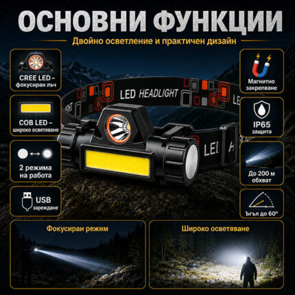 Компактен акумулаторен LED челник за глава фенер зареждащ се USB четене бягане риболов с магнит-12