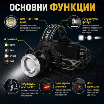 Мощен акумулаторен лед челник за глава LED фенер професионален за лов риболов каска бягане туризъм-12