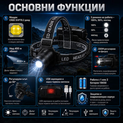 Акумулаторен мощен LED фенер челник за глава далекобоен тактически къмпинг лов риболов каска-12