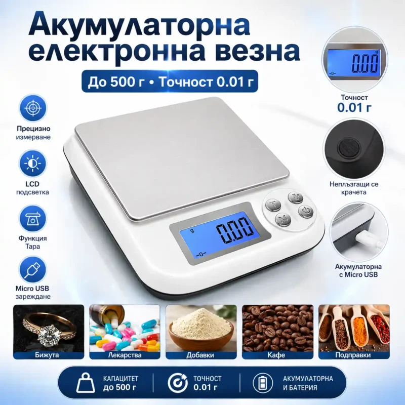 Акумулаторна електронна везна 0.01 г за злато и бижута