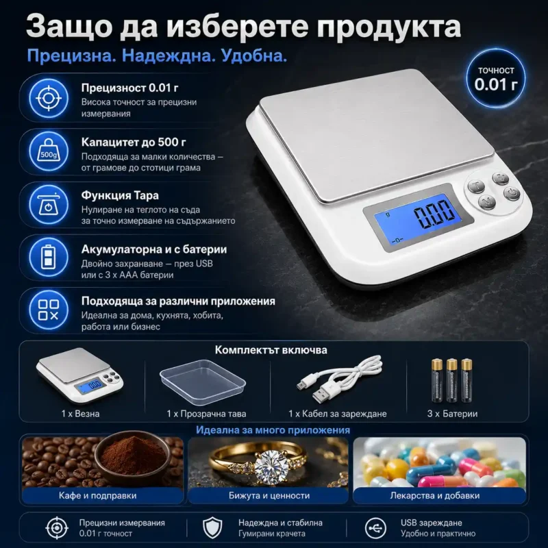 Акумулаторна електронна везна за храна злато бижута професионална 0.01-2