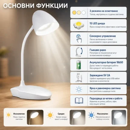 Акумулаторна настола лампа с лед осветление за бюро маникюр четене с чупещо рамо-2