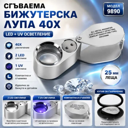 Бижутерска лупа 40X с LED и UV осветление
