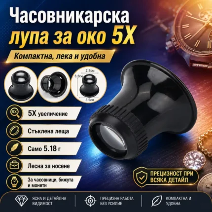Часовникарска лупа за око 5X със стъклена леща за прецизна работа