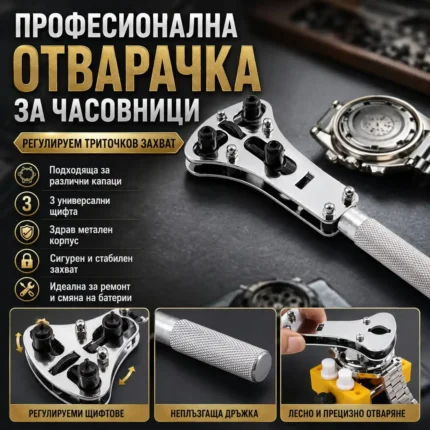Инструмент за отваряне на часовници с триточков захват