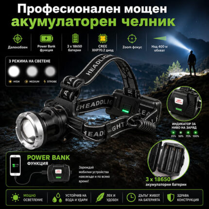 Челник с 3 батерии 18650, CREE XHP70.2 и Power Bank