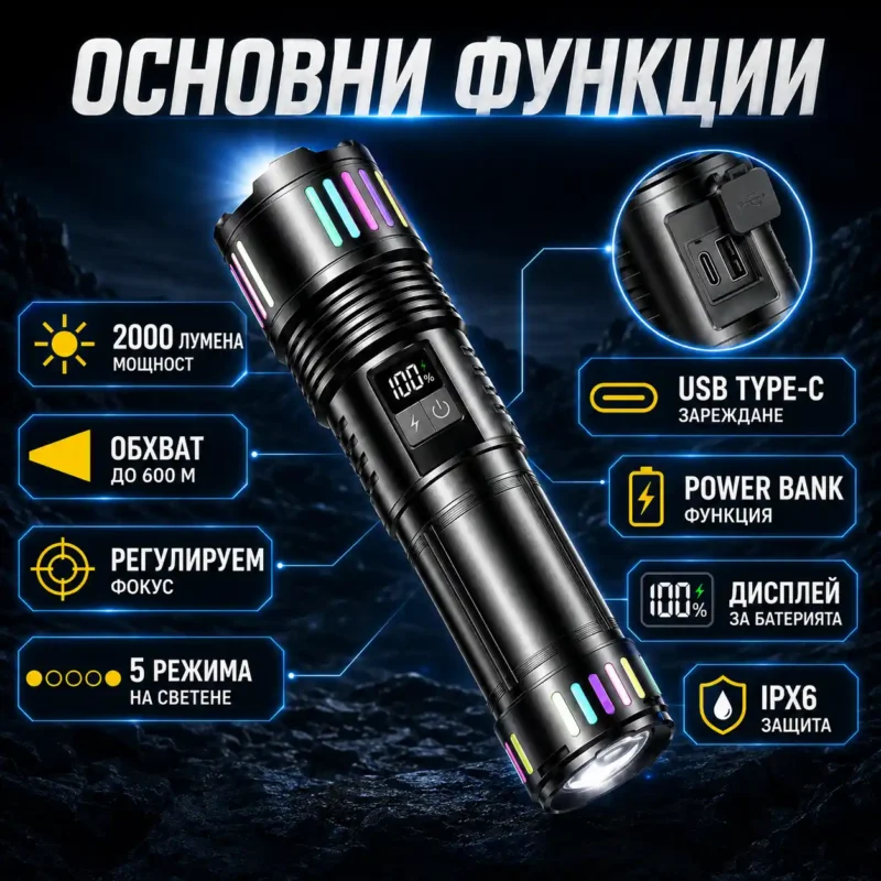 Далекобоен мощен фенер прожектор LED лазерен диод USB зареждане Power Bank за лов риболов къмпинг-2