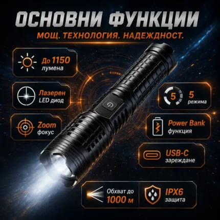 Мощен далекобоен лазерен прожектор LED фенер Power Bank USB за лов риболов къмпинг туризъм работа-2