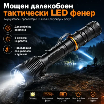 Фенер с две батерии 18650, CREE XM-L T6 и регулируем фокус