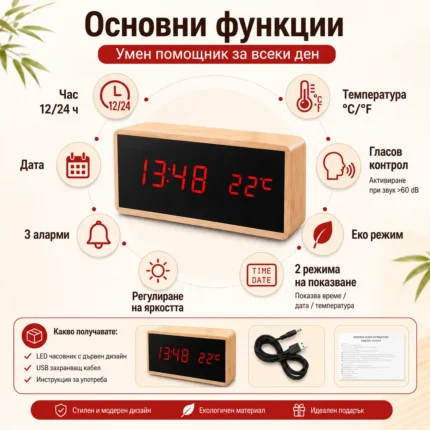 Декоративен LED настолен часовник дървен с термометър светещ в тъмното на ток-2
