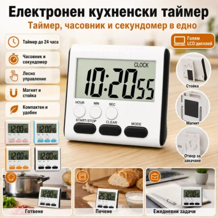 Дигитален кухненски таймер с часовник, секундомер и магнит
