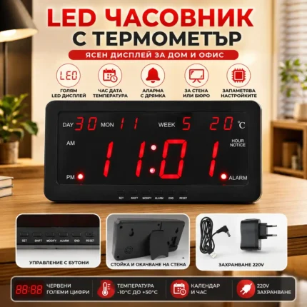 Будилник с постепенно усилваща се аларма, LED дисплей и термометър