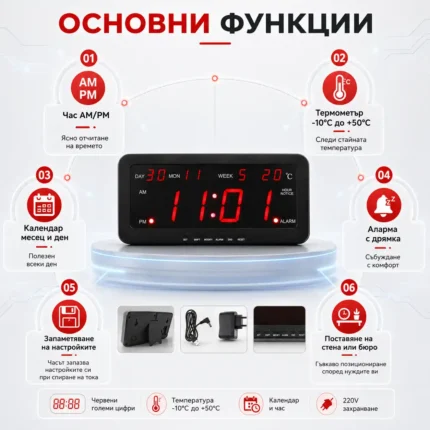 Голям дигитален настолен часовник с термометър аларма стенен на ток-2