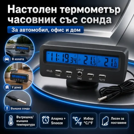 Термометър за кола с външна сонда и часовник