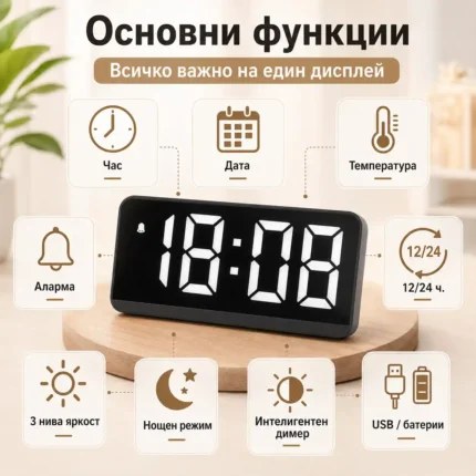 Настолен електронен LED часовник с големи цифри температура UBS за стена деца-2