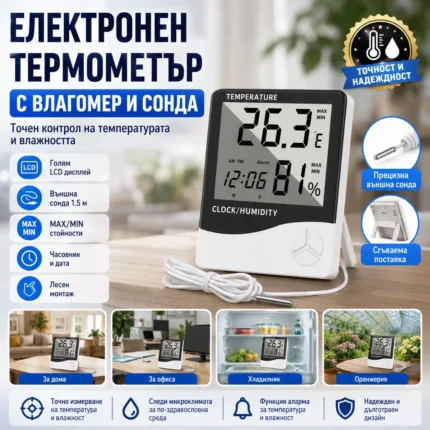 Термометър с външна сонда 1.5 м и влагомер