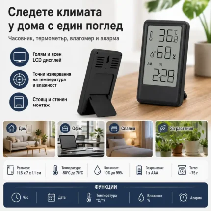 LED електронен настолен термометър с влагомер часовник аларма голям екран на батерии-2
