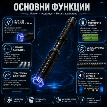 Мощен електрошок с LED фенер телескопична палка за самозащита кучегон самоотбрана защита от кучета-2