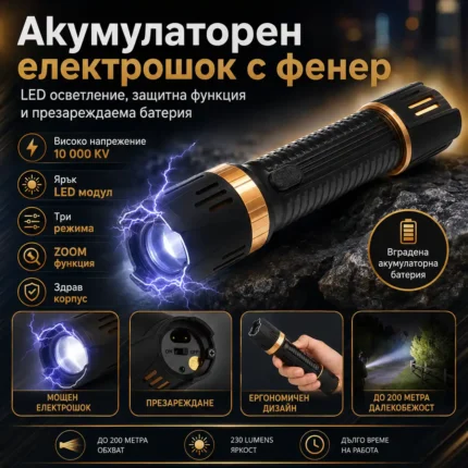 Електрошок за самозащита с LED фенер и регулируем фокус