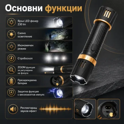 Мощен акумулаторен електрошок за самозащита с фенер кучегон самоотбрана при нападение-2