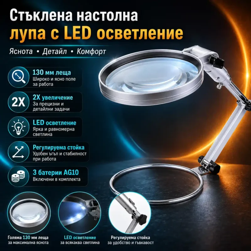 Настолна лупа с LED осветление 2X за шиене и бродиране