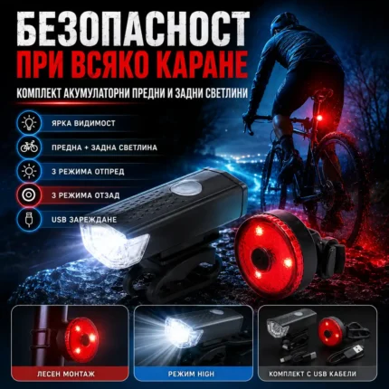 Комплект акумулаторни предни и задни светлини за велосипед с LED фар и стоп