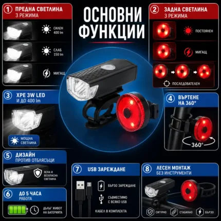 Комплект акумулаторни LED предни и задни светлини велосипед лед фар и стоп за колело USB зареждане-2