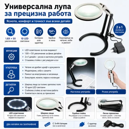 Голяма ръчна и настола лупа с лед осветление лампа стъклена за четене-2