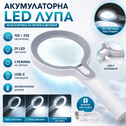 Акумулаторна лупа за четене с LED осветление 10X и 25X