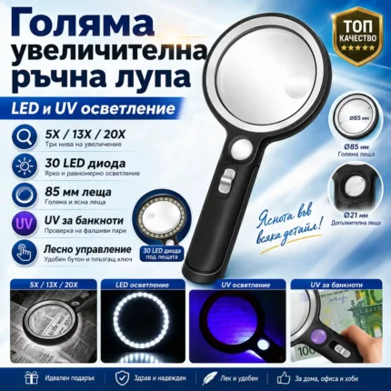 Лупа с UV светлина и 30 LED – 5X, 13X и 20X увеличение