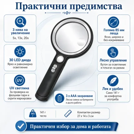 Професионална голяма увеличителна лупа LED и UV осветление мощна 5X 13X 20X-2